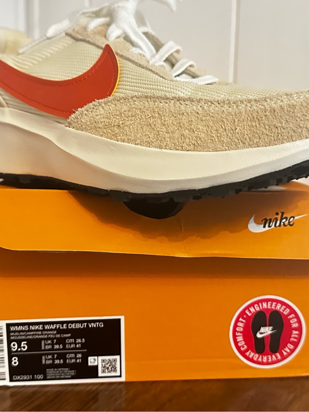 Nike Waffle Debut Women's Sneaker — Cream Upper with Orange Swoosh
